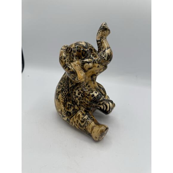 Vintage La Vie Safari Patchwork Ceramic Elephant Figurine – Trunk Up, Sitting - Picture 2 of 7
